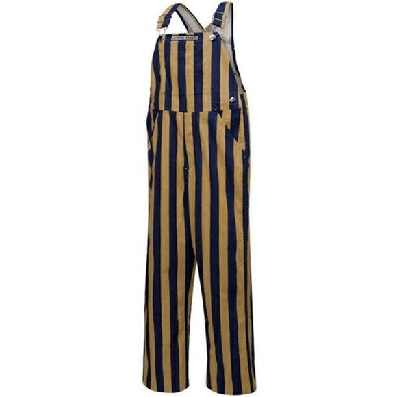 blue and gold striped overalls